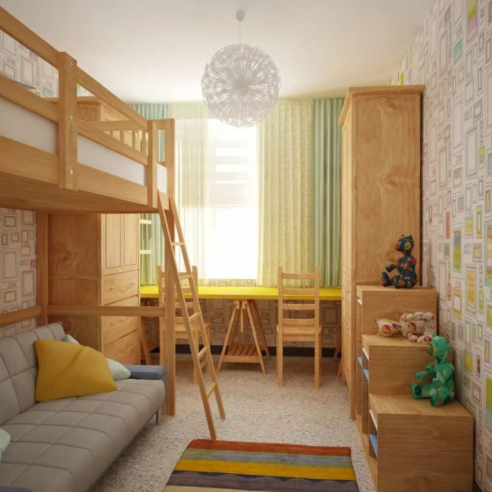 Деревянная мебель в маленькой комнате для двоих детей