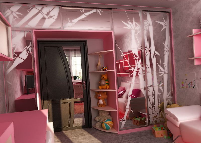 Розовый шкаф-купе в спальне девочки