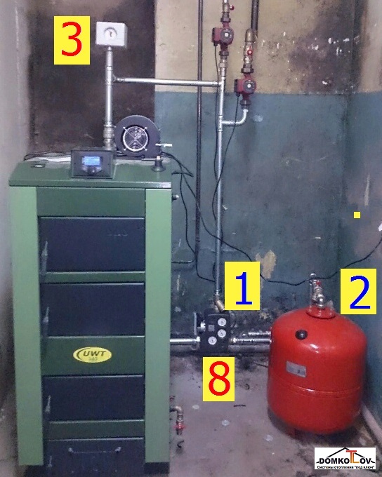 Номерами на фото обозначено оборудование в системе отопления твердотопливного котла из выше приведённых схем