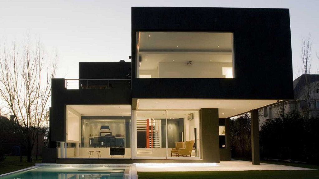 Дом в стиле минимализм, пример проекта с оформлением фасада в черном цвете