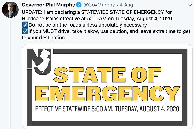 On Tuesday New Jersey governor Phil Murphy declared a statewide state of emergency due to Hurricane Isaias