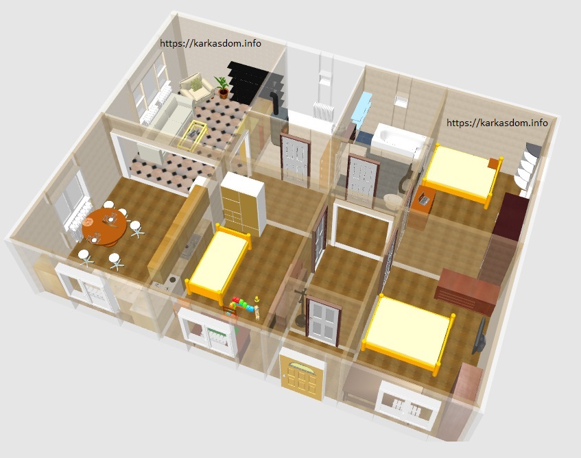 План этажа каркасного дома 9х12м 108м/кв, Вид в 3D