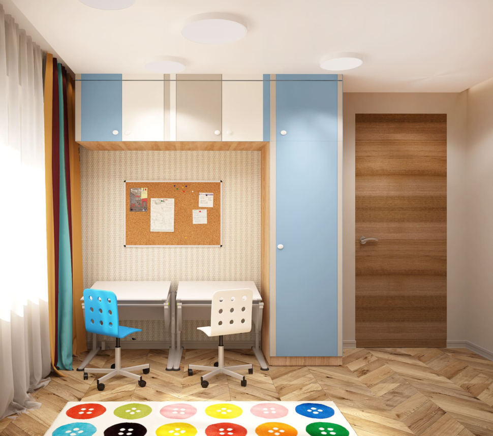 Дизайн интерьера детской 15 кв.м для двоих детей с оранжевыми оттенками, стол детский, шкаф, телевизор