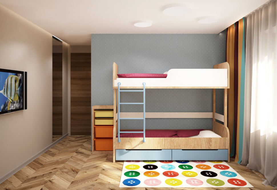 Дизайн интерьера детской 15 кв.м для двоих детей с кофейными оттенками, стол детский, шкаф, телевизор, зеркало, двухэтажная кровать