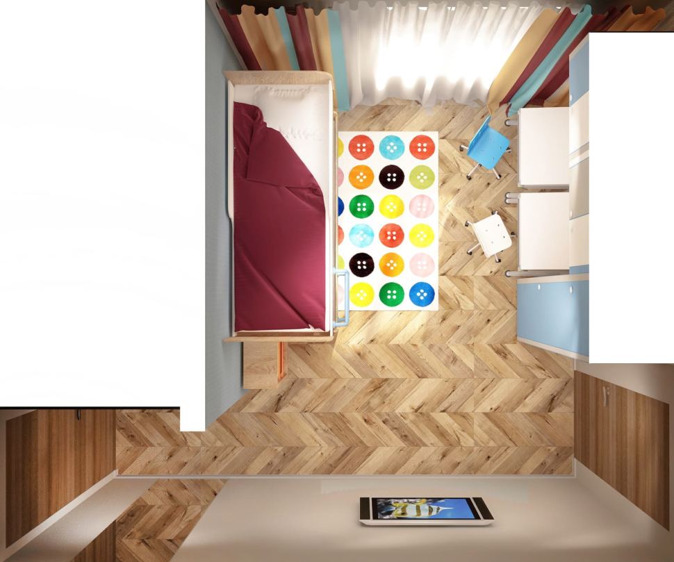 Дизайн-проект детской 15 кв.м для двоих детей с серо-голубыми и белыми оттенками, стол детский, шкаф