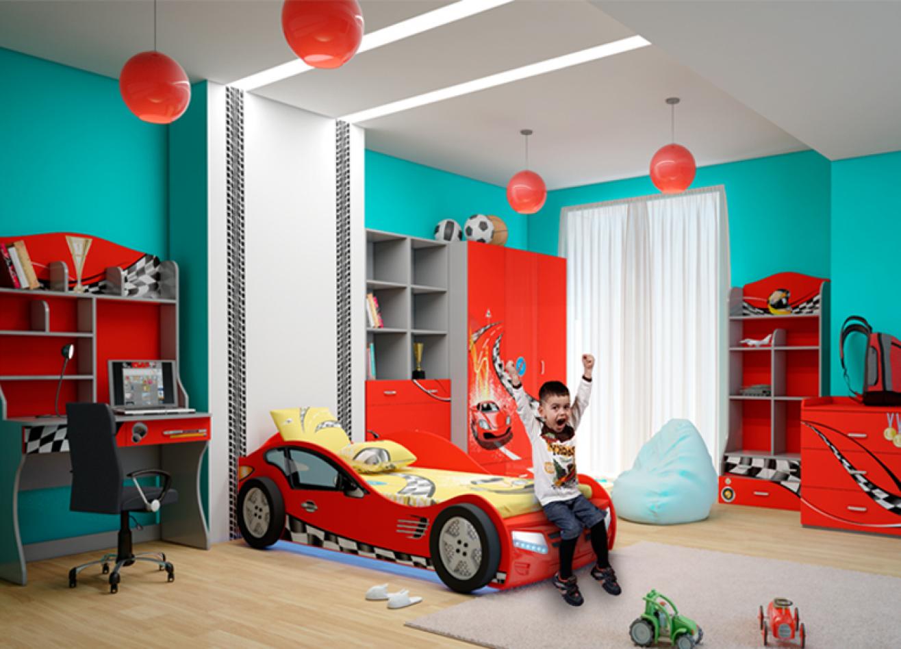 Интерьер детской комнаты с кроватью машиной