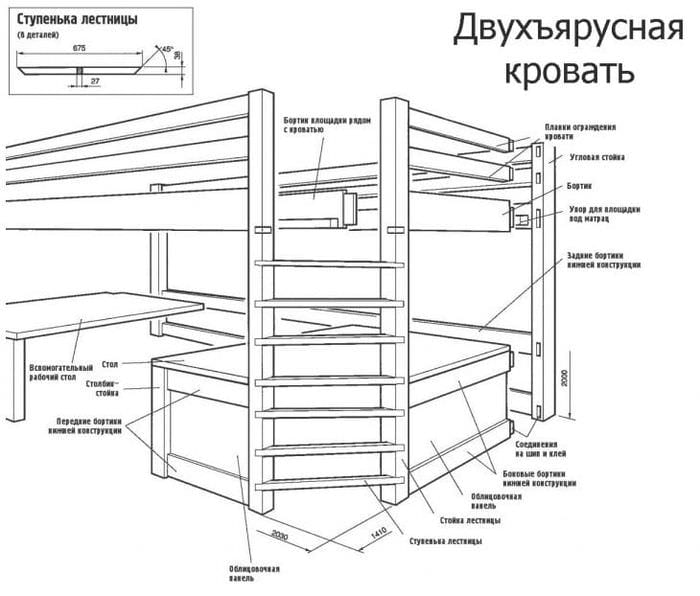 Чертеж двухуровневой детской кровати для спальни 